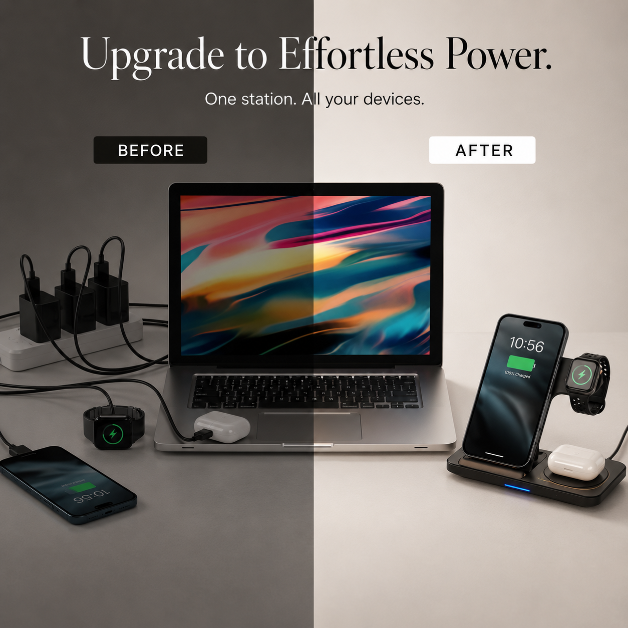 Premium iPhone Wireless Charger 3 in 1 Foldable Charging Station Fast Charging Stand Watch Earbuds LED Indicator Travel Friendly Desktop Organizer