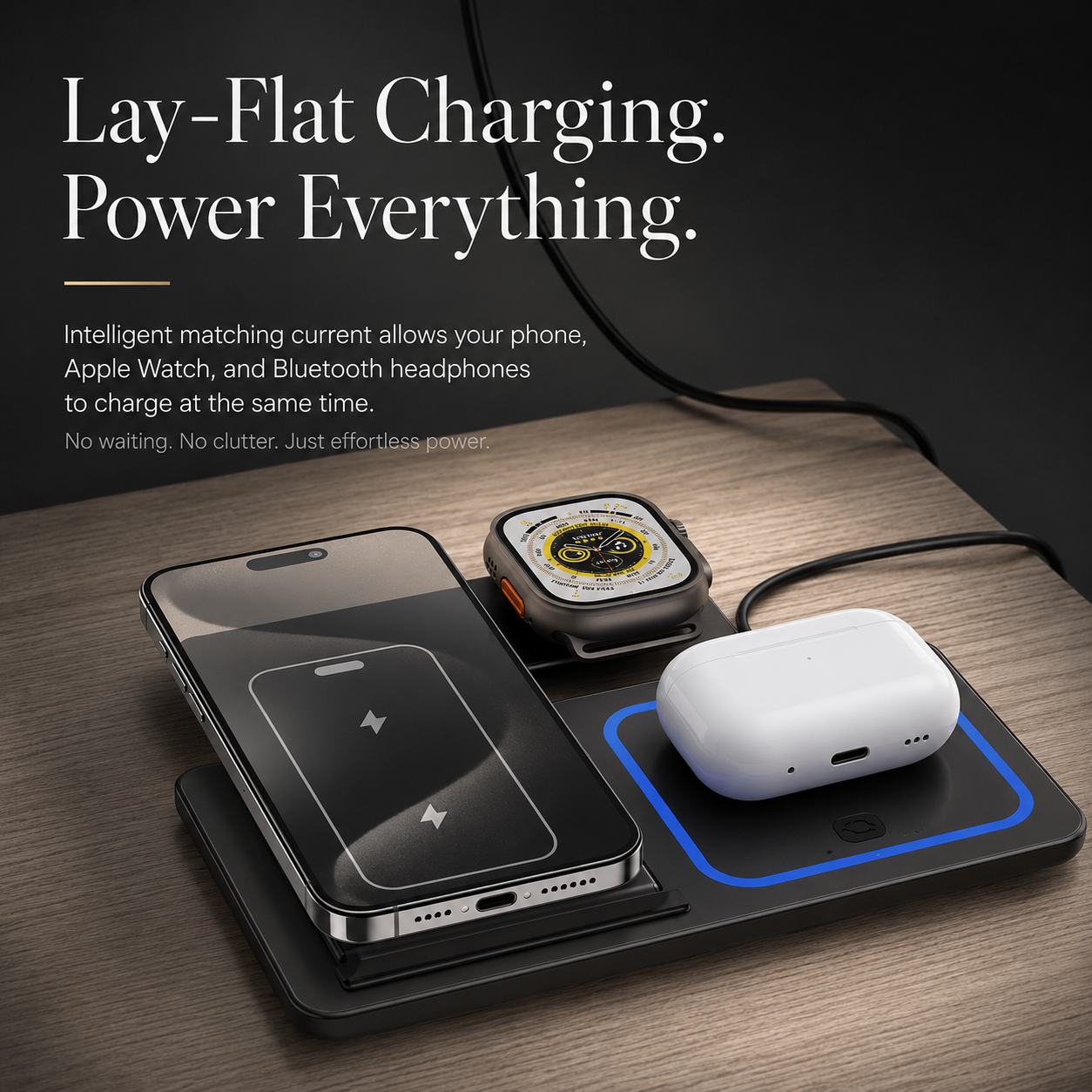 Premium iPhone Wireless Charger 3 in 1 Foldable Charging Station Fast Charging Stand Watch Earbuds LED Indicator Travel Friendly Desktop Organizer