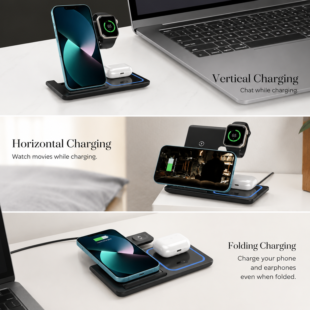 Premium iPhone Wireless Charger 3 in 1 Foldable Charging Station Fast Charging Stand Watch Earbuds LED Indicator Travel Friendly Desktop Organizer