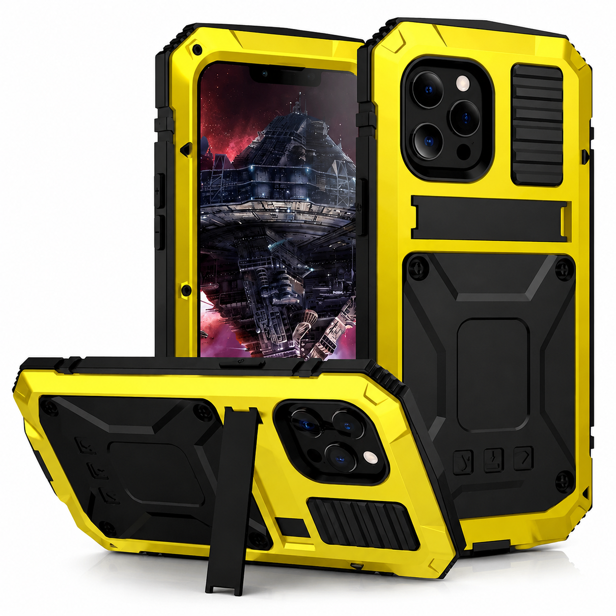 Rugged Aluminum Armor iPhone Case with Tempered Glass Screen Protector, Water-Resistant Design, Built-In Kickstand, Shockproof Protection and Camera Lens Guard