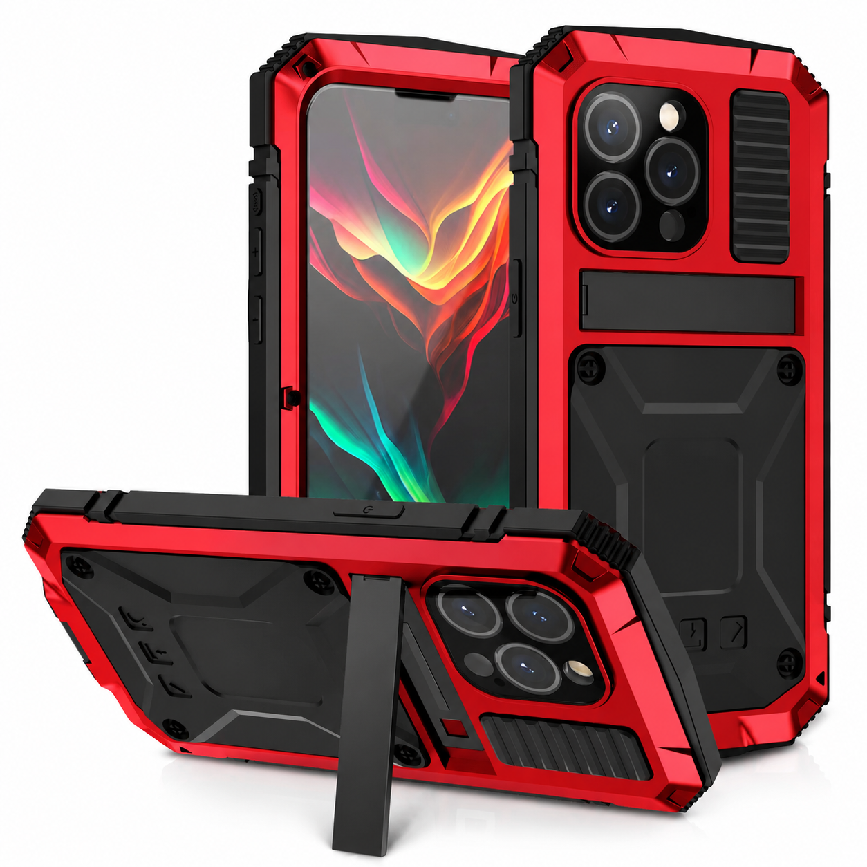 Rugged Aluminum Armor iPhone Case with Tempered Glass Screen Protector, Water-Resistant Design, Built-In Kickstand, Shockproof Protection and Camera Lens Guard