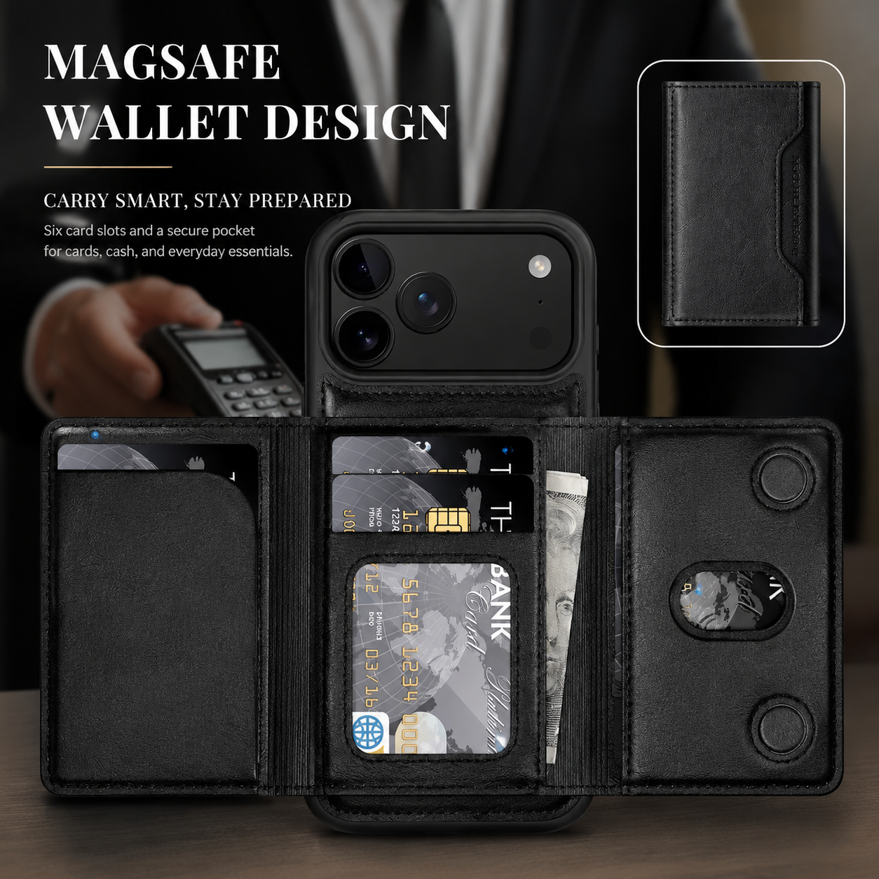 Elite iPhone Magnetic PU Leather Wallet Case, MagSafe Compatible Card Holder with Shock Protection, Secure Storage and Everyday Carry Convenience
