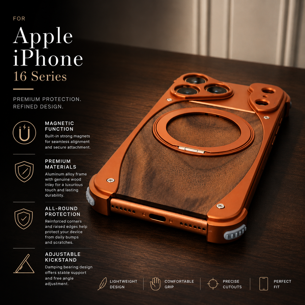 Luxury Walnut Wood iPhone Case Magnetic Aluminum Frame Shockproof Cover With Built In Stand Slim Protective Design Non Slip Grip Durable Case
