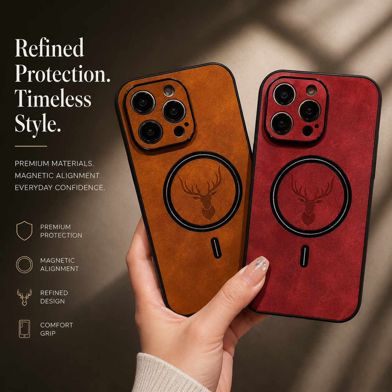 Luxury iPhone Case MagSafe Compatible Genuine Deer Leather Protective Cover Camera Lens Protection Shockproof Bumper Frame Slim Lightweight Design