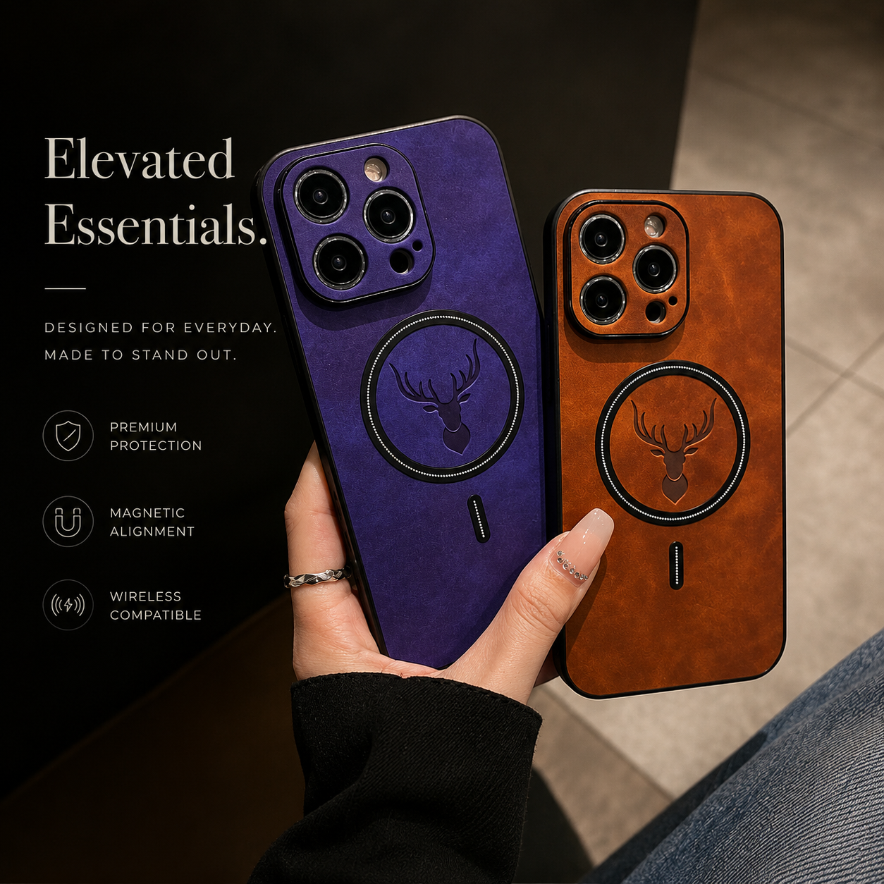 Luxury iPhone Case MagSafe Compatible Genuine Deer Leather Protective Cover Camera Lens Protection Shockproof Bumper Frame Slim Lightweight Design