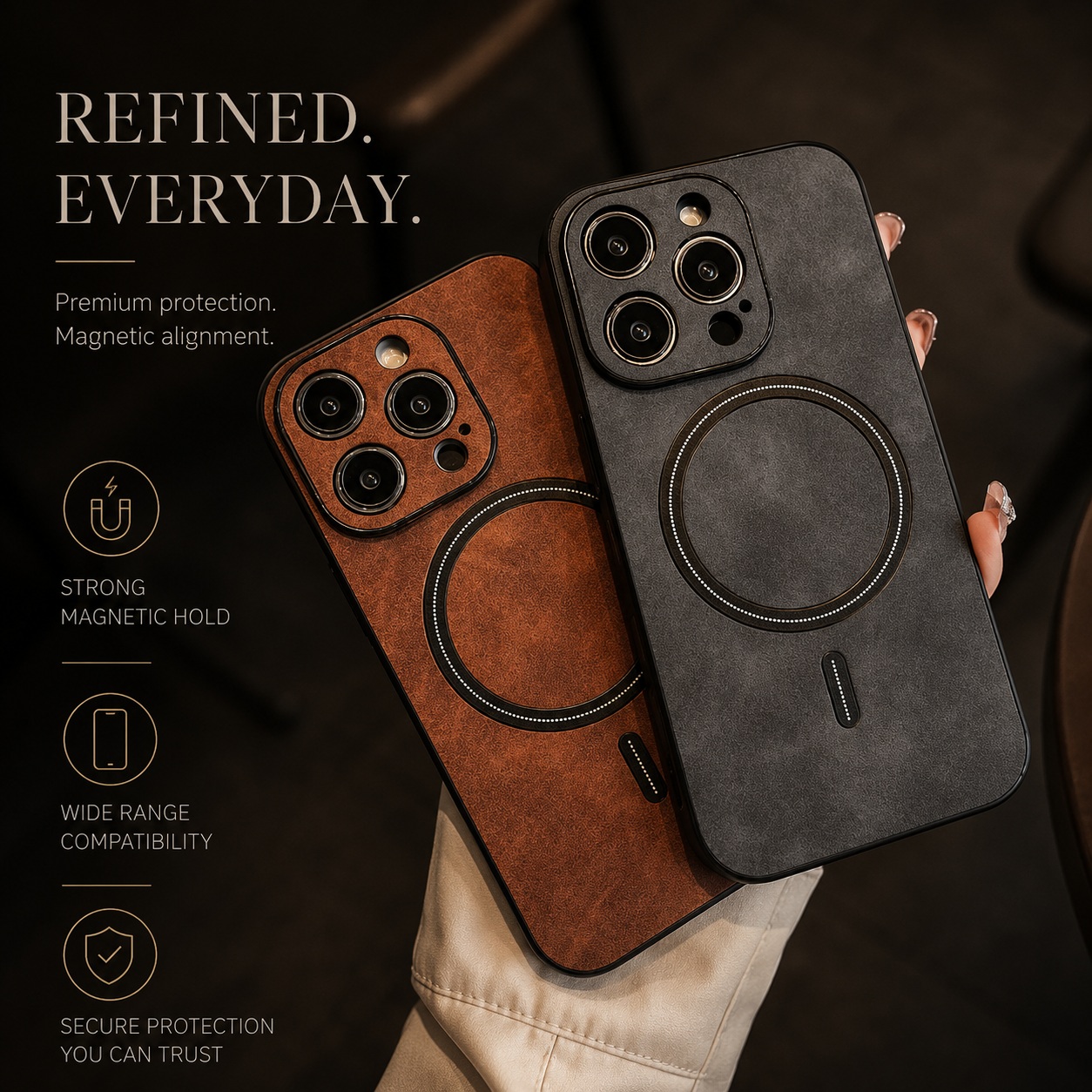 Luxury iPhone Case MagSafe Compatible Genuine Leather Protective Cover Camera Lens Protection Shockproof Magnetic Slim Lightweight Design