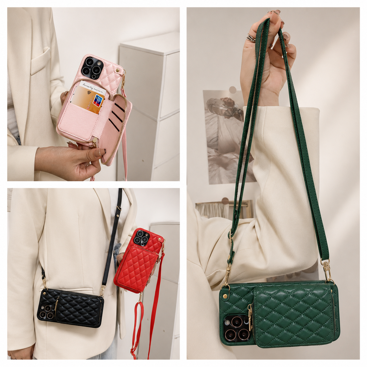 Luxury iPhone Case Wallet MagSafe Compatible Leather Zipper Crossbody Strap Card Holder Protective Cover Camera Lens Protection Shockproof Slim Design