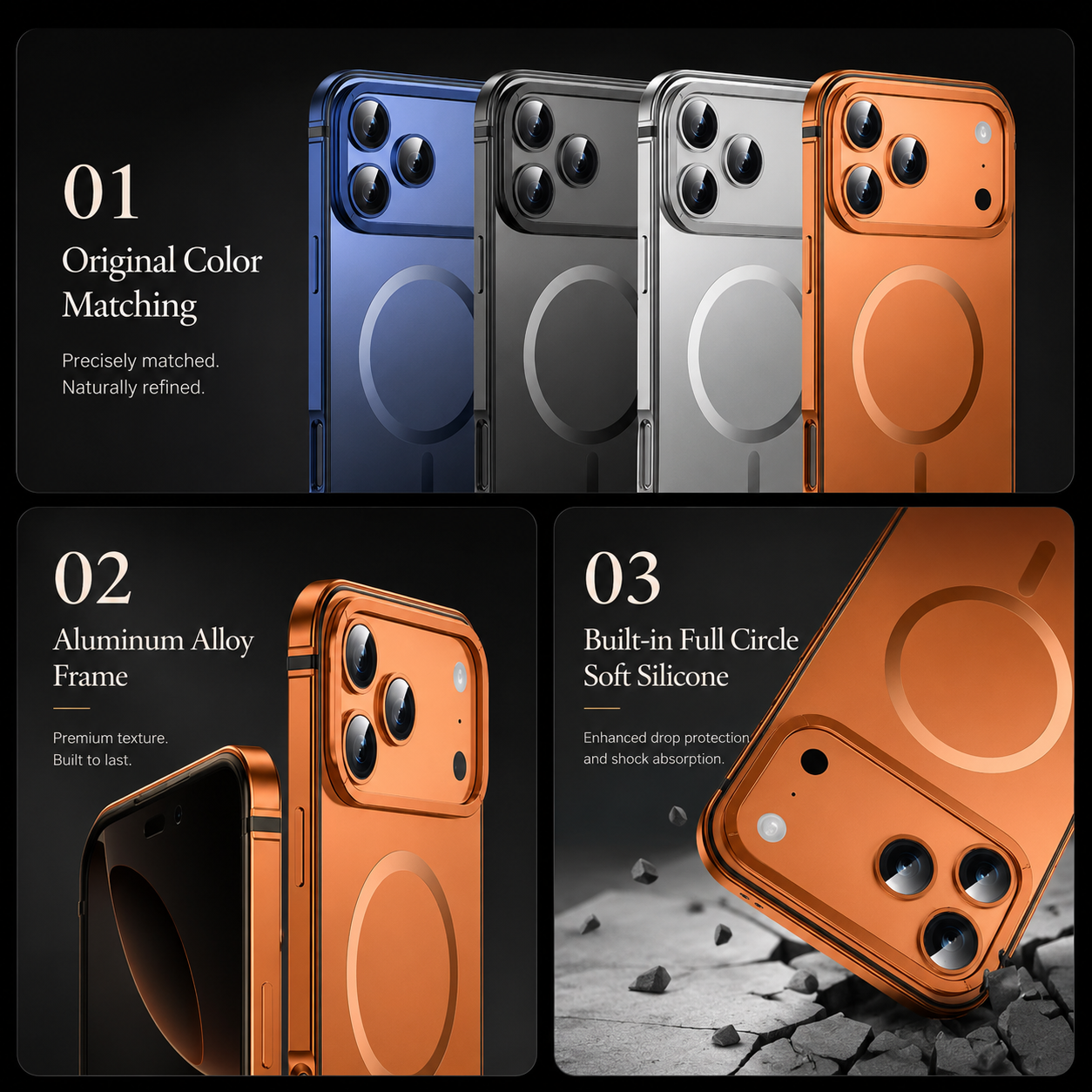 Magnetic Aluminum Alloy iPhone Case in Orange with MagSafe Compatibility, Camera Lens Protection, Shockproof Design and Matte Finish