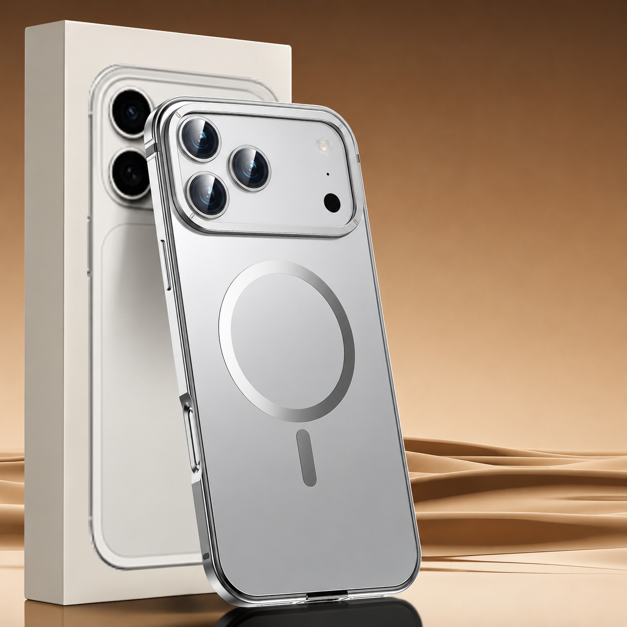 Magnetic Aluminum Alloy iPhone Case in Orange with MagSafe Compatibility, Camera Lens Protection, Shockproof Design and Matte Finish