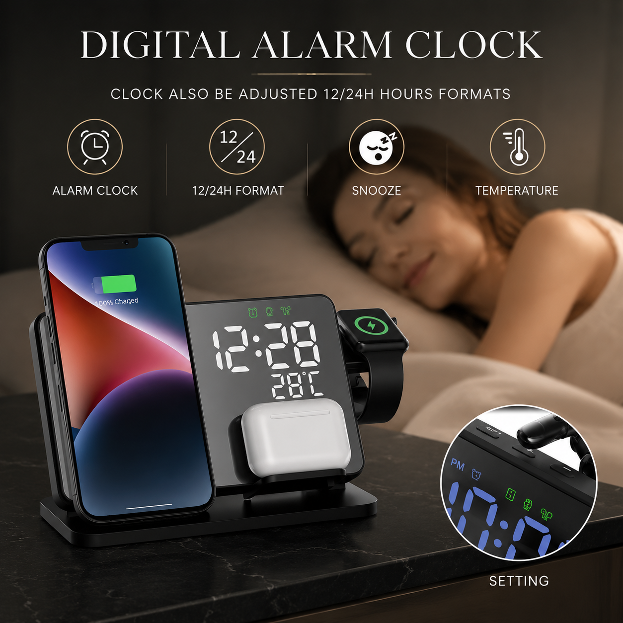 Premium 3 in 1 Wireless Charger Fast Charging Dock Station with Clock Multi Device Charging Stand Phone Watch Earbuds Desk Organizer Charging Hub