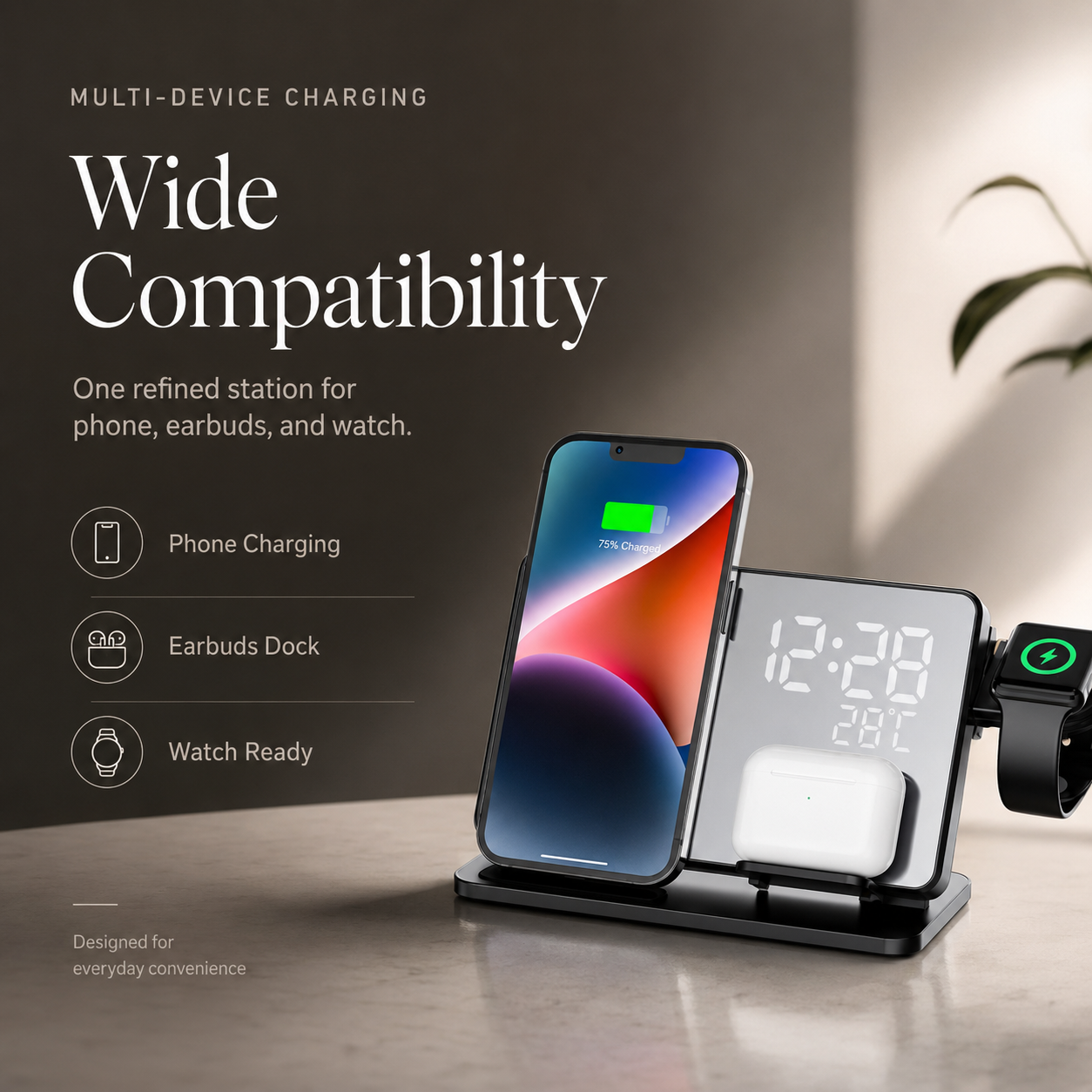 Premium 3 in 1 Wireless Charger Fast Charging Dock Station with Clock Multi Device Charging Stand Phone Watch Earbuds Desk Organizer Charging Hub