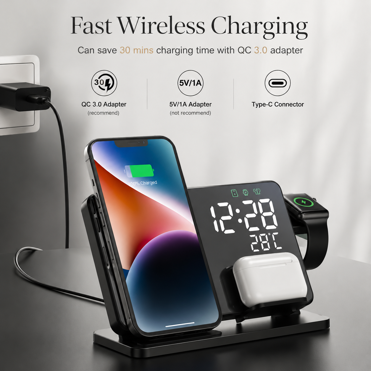 Premium 3 in 1 Wireless Charger Fast Charging Dock Station with Clock Multi Device Charging Stand Phone Watch Earbuds Desk Organizer Charging Hub