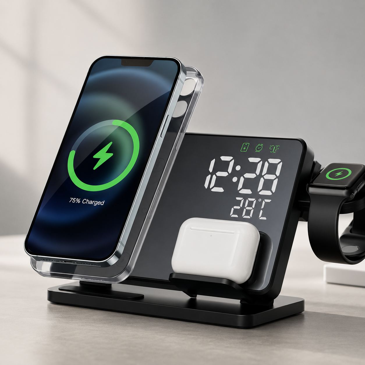 Premium 3 in 1 Wireless Charger Fast Charging Dock Station with Clock Multi Device Charging Stand Phone Watch Earbuds Desk Organizer Charging Hub