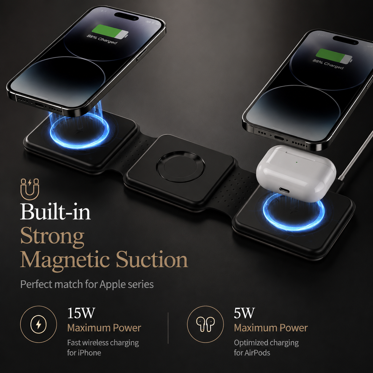 Premium 3 in 1 Wireless Charger Foldable MagSafe Compatible 15W Fast Charging Station Magnetic Portable Charging Dock Stand Phone Watch Earbuds
