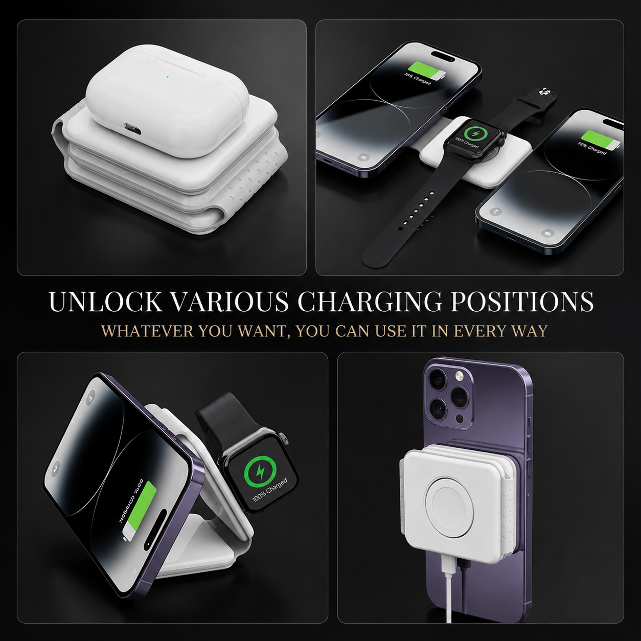 Premium 3 in 1 Wireless Charger Foldable MagSafe Compatible 15W Fast Charging Station Magnetic Portable Charging Dock Stand Phone Watch Earbuds