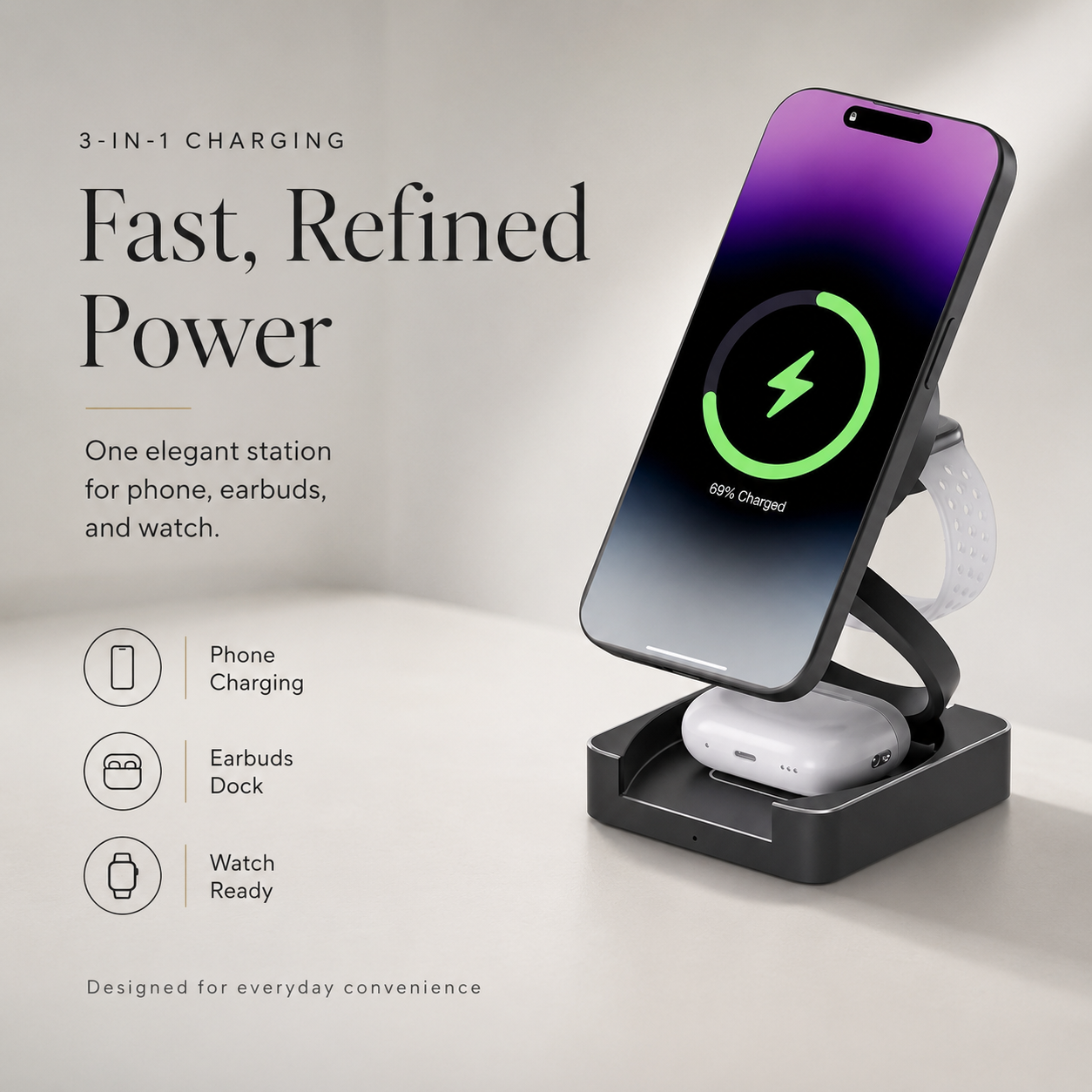 Premium 3 in 1 Wireless Charger Foldable MagSafe Compatible 15W Fast Charging Station Magnetic Portable Charging Dock Stand Phone Watch Earbuds