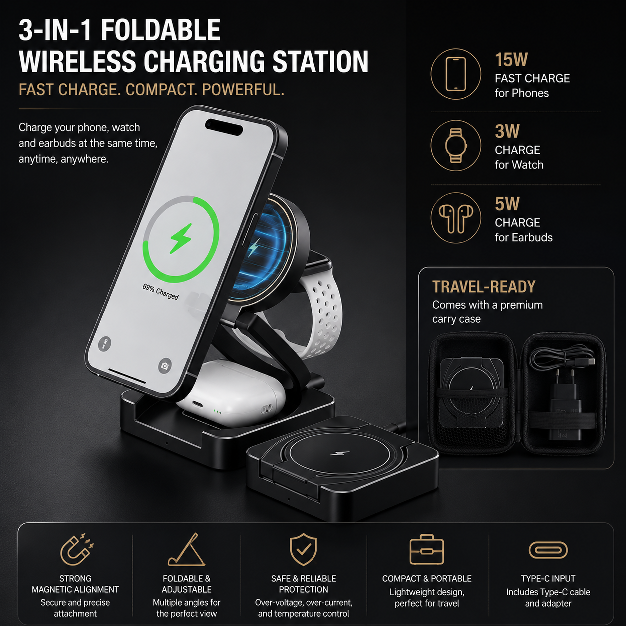 Premium 3 in 1 Wireless Charger Foldable MagSafe Compatible 15W Fast Charging Station Magnetic Portable Charging Dock Stand Phone Watch Earbuds