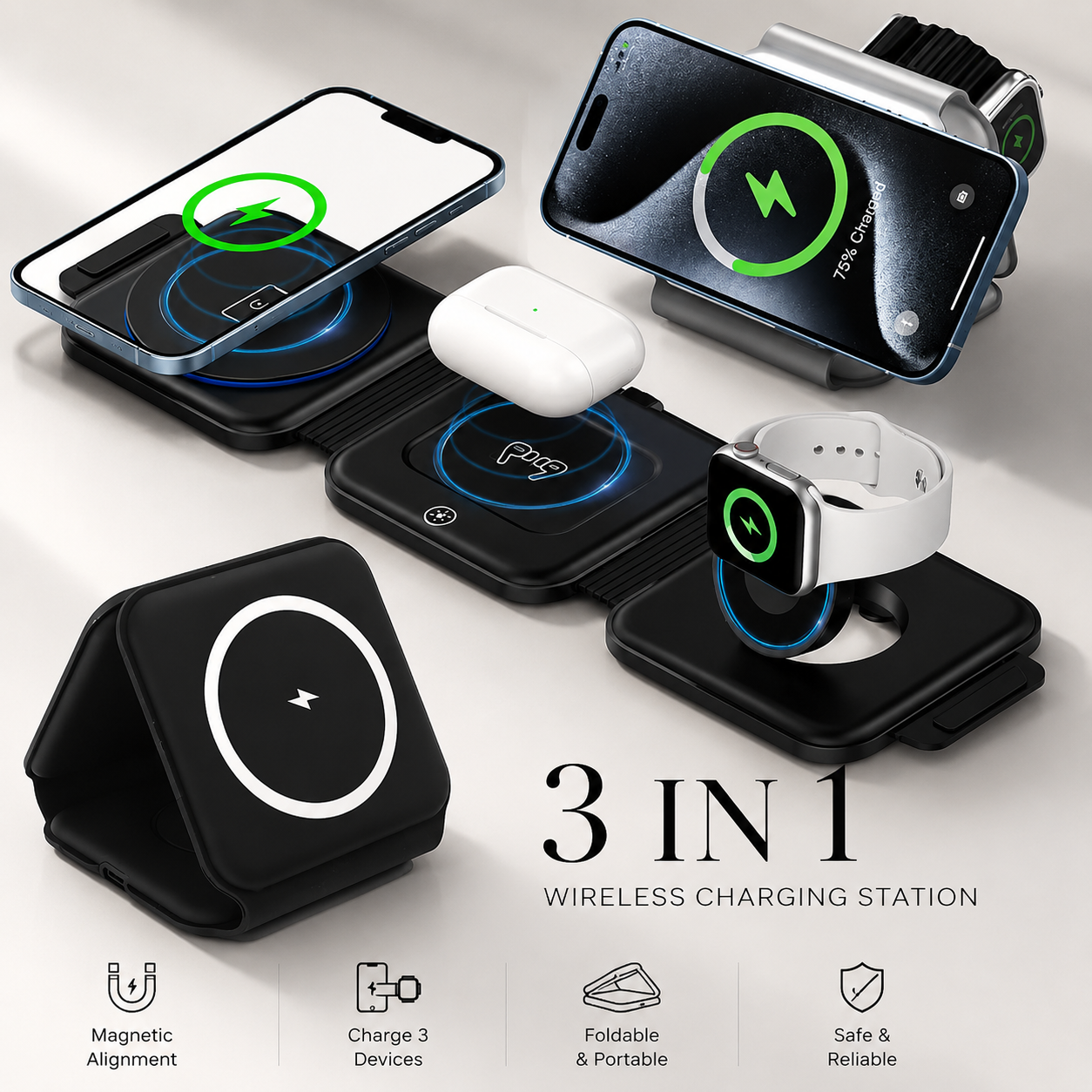 Premium 3 in 1 Wireless Charger Foldable MagSafe Compatible 15W Fast Charging Station Magnetic Portable Charging Dock Stand Phone Watch Earbuds