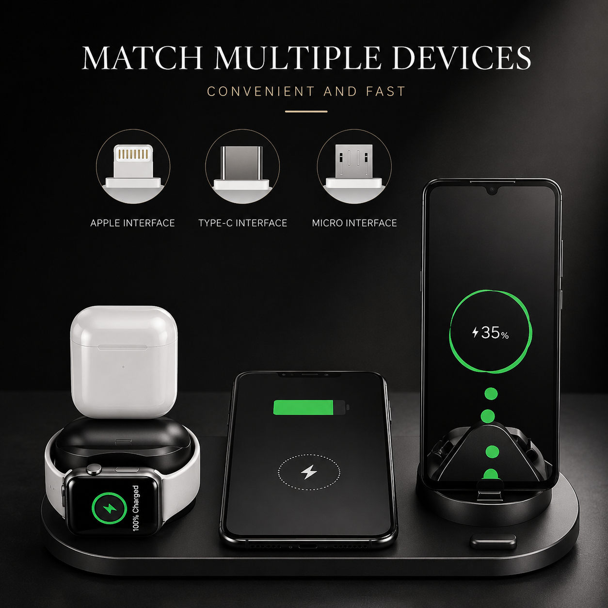 Premium 7 in 1 Wireless Charger Fast Charging Station Foldable Multi Device Charging Dock Smartphone Earbuds Watch MagSafe Compatible Stand Design