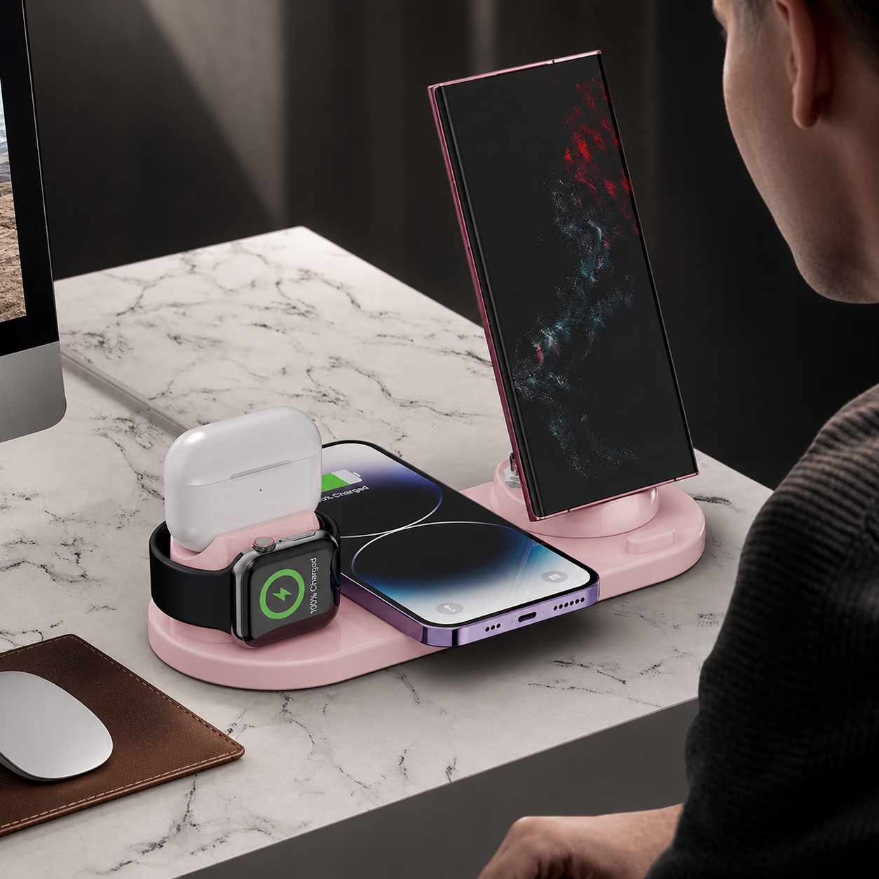 Premium 7 in 1 Wireless Charger Fast Charging Station Foldable Multi Device Charging Dock Smartphone Earbuds Watch MagSafe Compatible Stand Design
