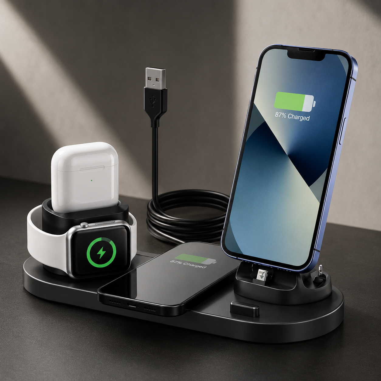 Premium 7 in 1 Wireless Charger Fast Charging Station Foldable Multi Device Charging Dock Smartphone Earbuds Watch MagSafe Compatible Stand Design