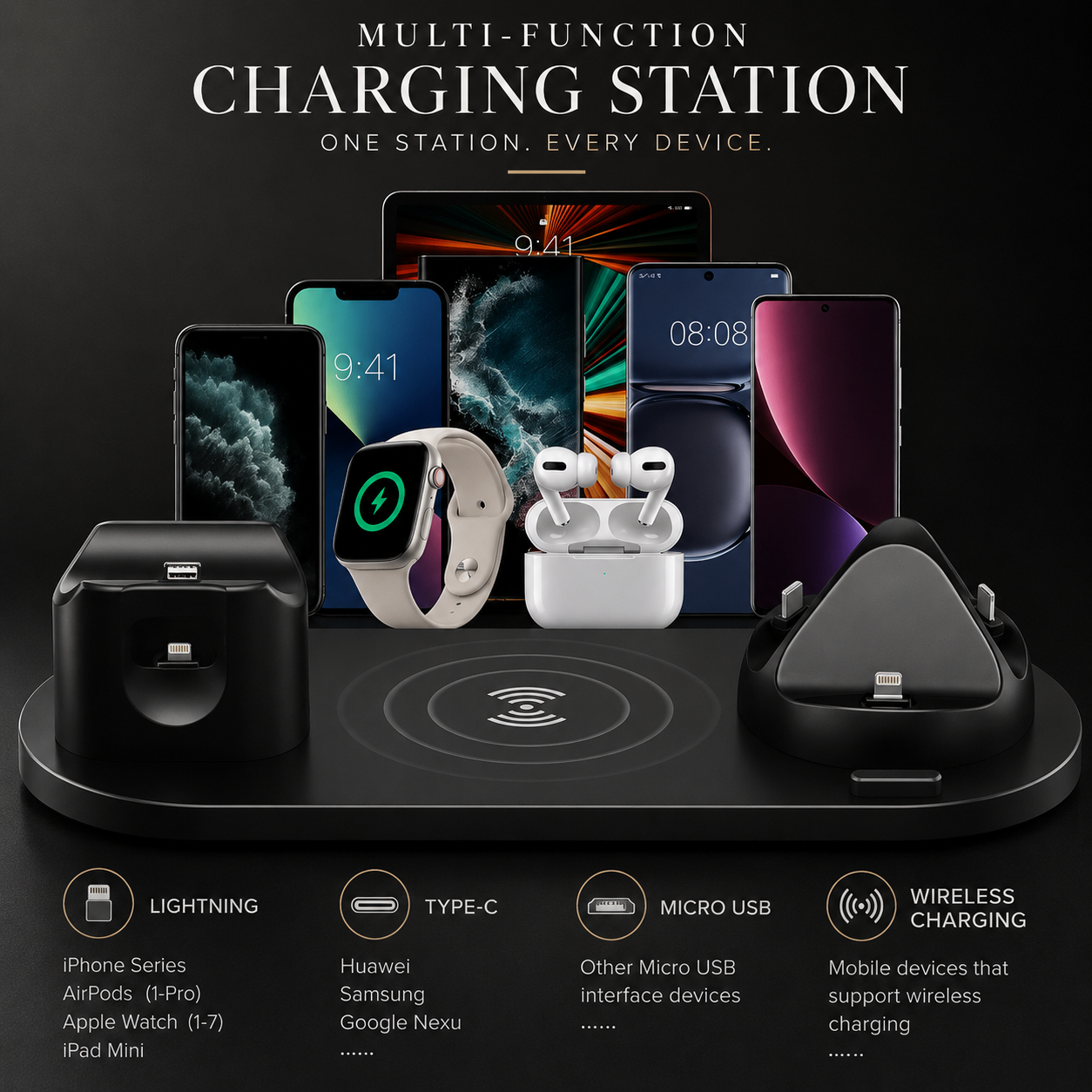 Premium 7 in 1 Wireless Charger Fast Charging Station Foldable Multi Device Charging Dock Smartphone Earbuds Watch MagSafe Compatible Stand Design