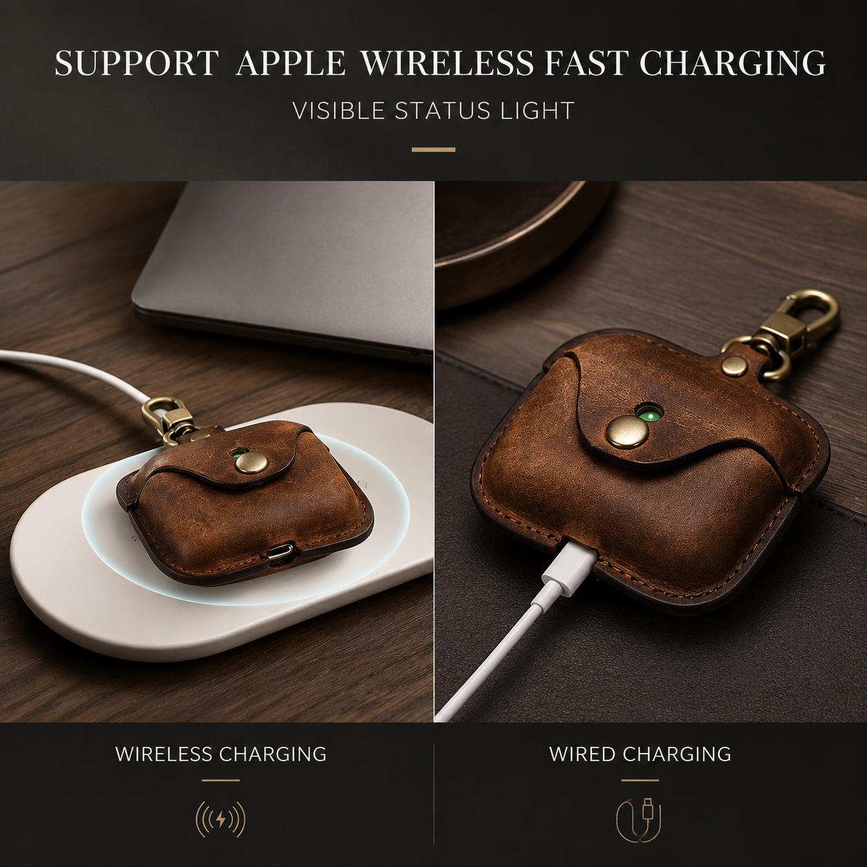 Premium AirPods Case Genuine Leather Protective Cover Wireless Charging Compatible Keychain Clip Shockproof Slim Profile Portable Storage Design