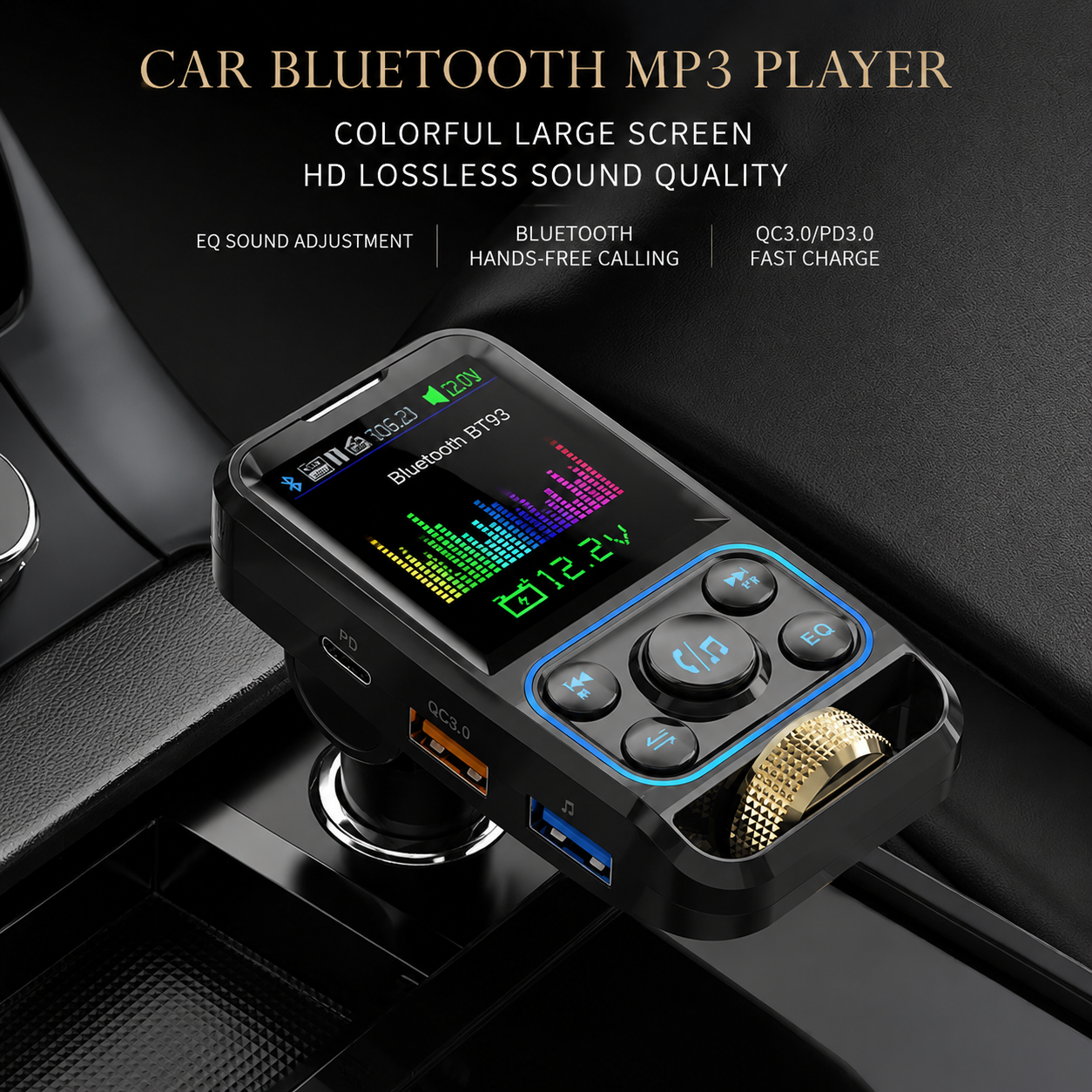 Premium Car Bluetooth FM Transmitter QC 3.0 Fast Charging USB Charger Hands Free Calling Audio Adapter Stereo Music Player Wireless Vehicle Audio