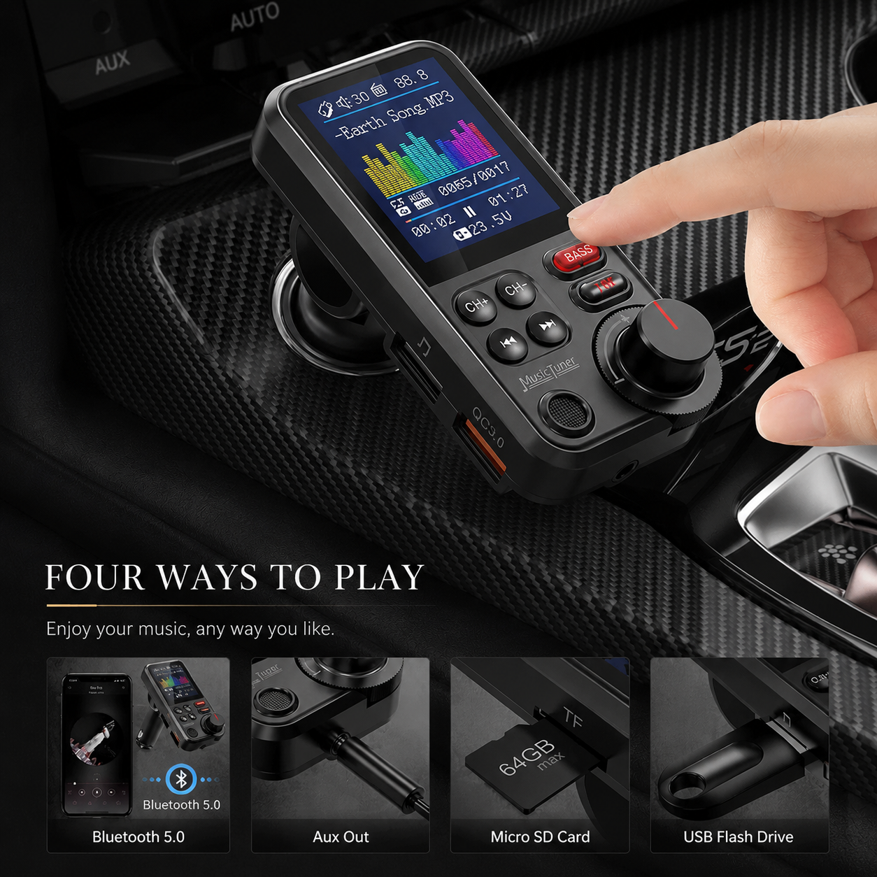 Premium Car Bluetooth FM Transmitter QC 3.0 Fast Charging USB Charger Hands Free Calling Audio Adapter Stereo Music Player Wireless Vehicle Audio