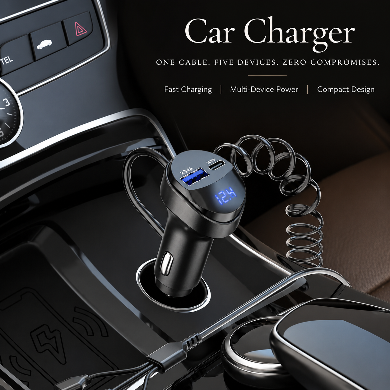 Premium Car Charger USB C Multi Port Fast Charging Adapter 12V Socket Smartphone Compatible High Speed Charging Power Distribution Hub Travel Accessory