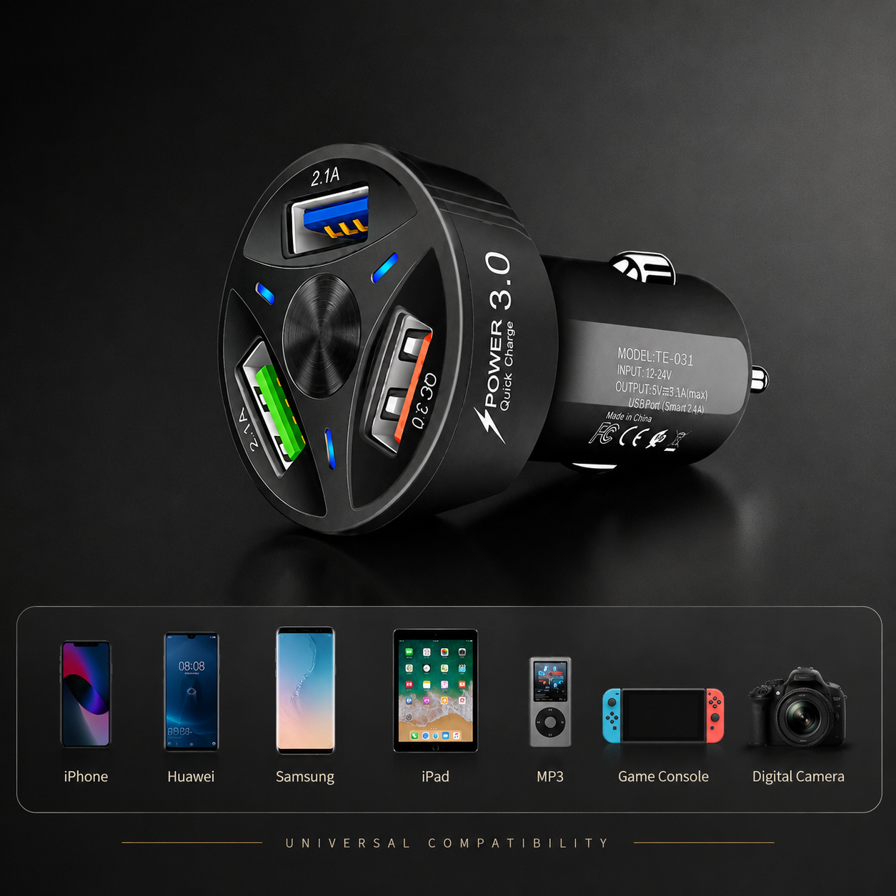 Premium Car Charger USB C Multi Port Fast Charging Adapter 12V Socket Smartphone Compatible High Speed Charging Power Distribution Hub Travel Accessory