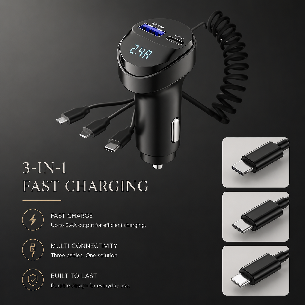 Premium Car Charger USB C Multi Port Fast Charging Adapter 12V Socket Smartphone Compatible High Speed Charging Power Distribution Hub Travel Accessory