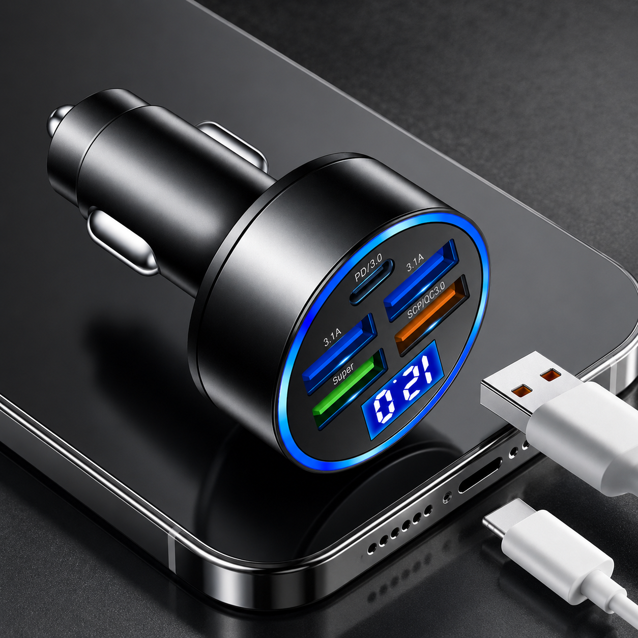 Premium Car Charger USB C Multi Port Fast Charging Adapter 12V Socket Smartphone Compatible High Speed Charging Power Distribution Hub Travel Accessory