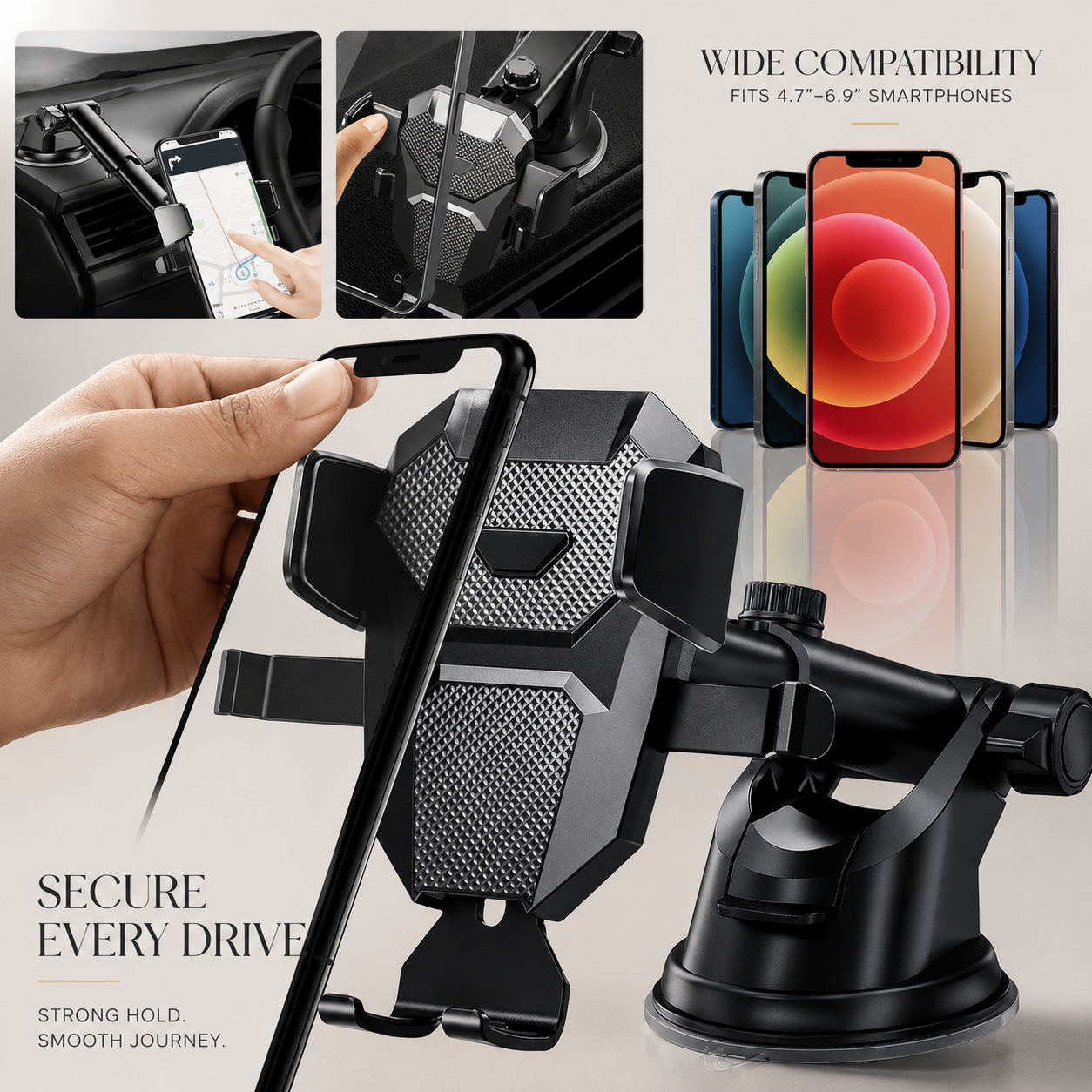 Premium Car Phone Mount Suction Cup 360 Rotation Dashboard Windshield Holder Secure Grip Adjustable Phone Stand Navigation Compatible Universal