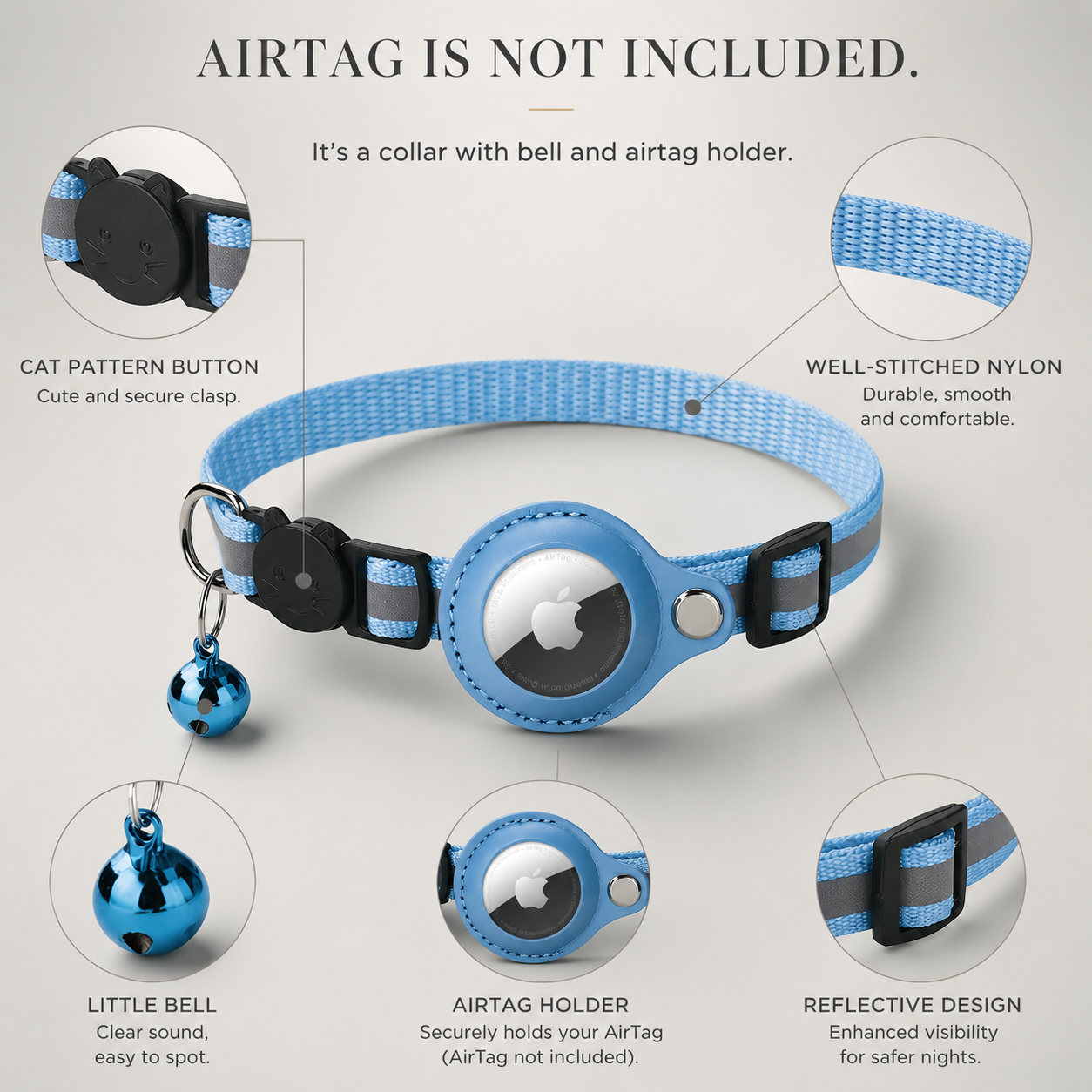 Premium Cat Collar AirTag Holder Reflective Adjustable Detachable Bell Pet Tracker Secure Fit Lightweight Safety Accessory Design Outdoor Travel