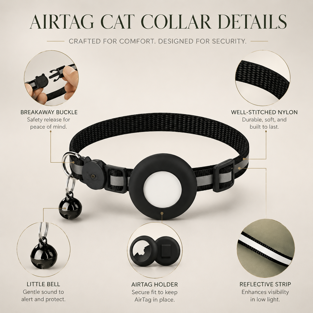 Premium Cat Collar AirTag Holder Reflective Adjustable Detachable Bell Pet Tracker Secure Fit Lightweight Safety Accessory Design Outdoor Travel