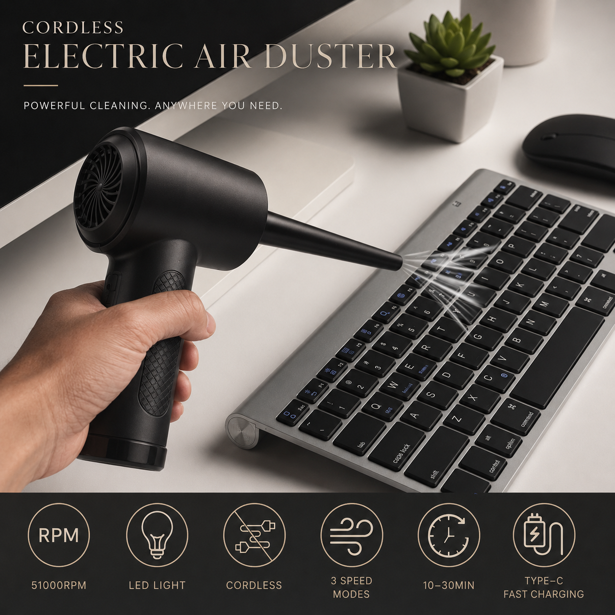 Premium Electric Air Duster Cordless Compressed Air Blower LED Light Keyboard Cleaner Reusable Cleaning Tool Portable Electronics Maintenance Accessory