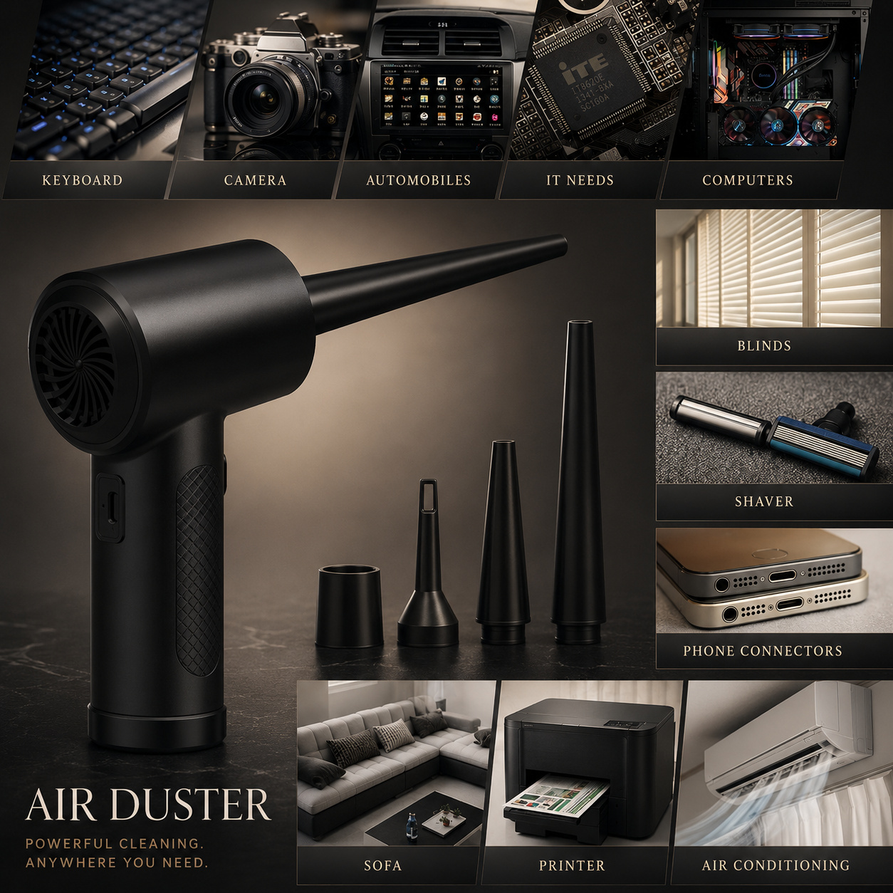Premium Electric Air Duster Cordless Compressed Air Blower LED Light Keyboard Cleaner Reusable Cleaning Tool Portable Electronics Maintenance Accessory