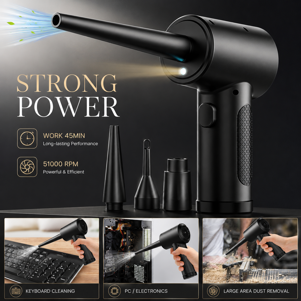 Premium Electric Air Duster Cordless Compressed Air Blower LED Light Keyboard Cleaner Reusable Cleaning Tool Portable Electronics Maintenance Accessory
