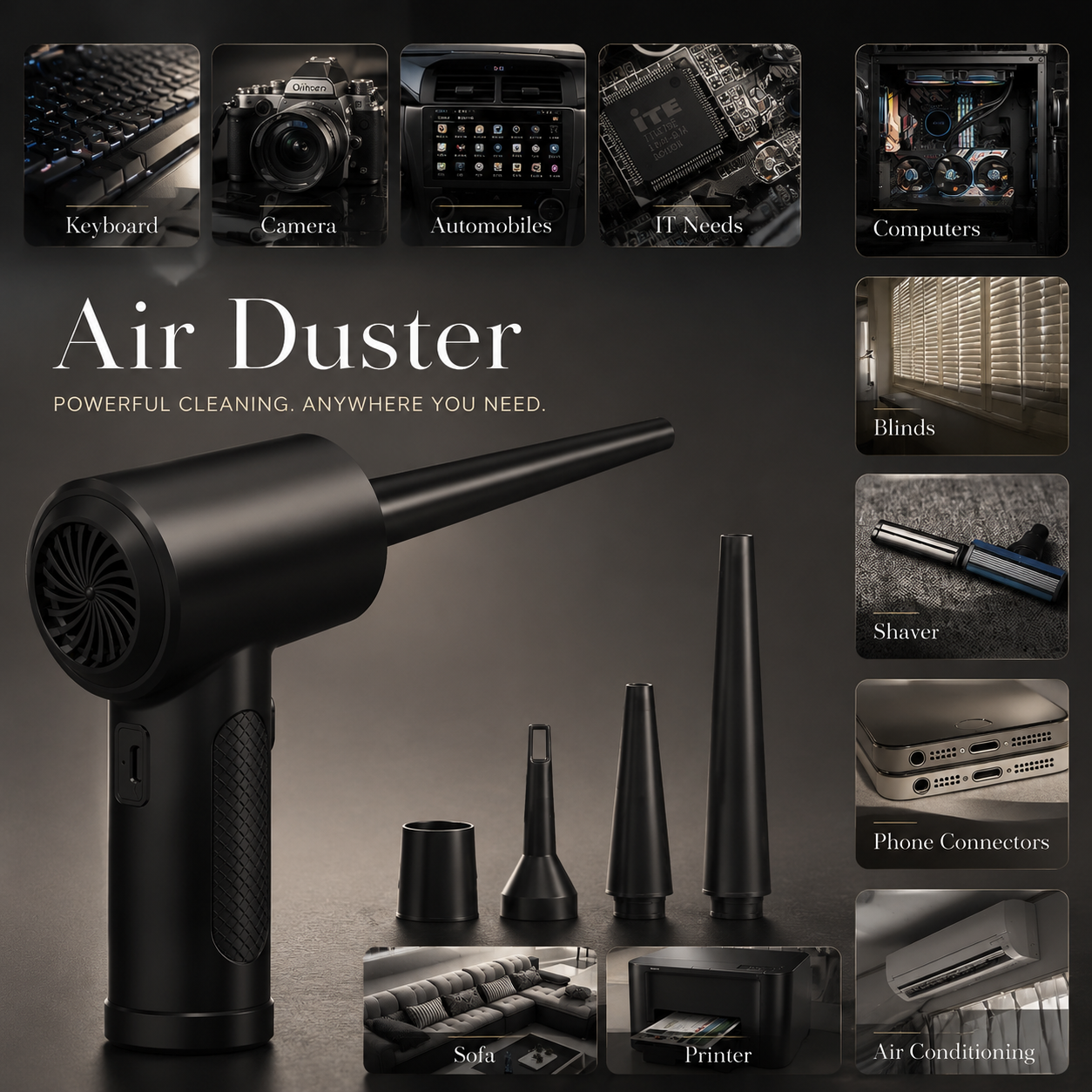 Premium Electric Air Duster Cordless Compressed Air Blower LED Light Keyboard Cleaner Reusable Cleaning Tool Portable Electronics Maintenance Accessory