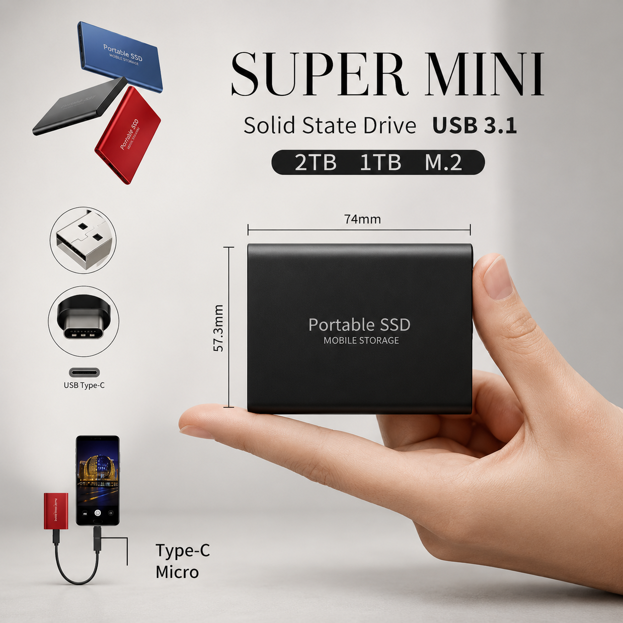 Premium External SSD Portable USB 3.1 High Speed Solid State Drive Compact Storage Device Fast Data Transfer Backup Solution Laptop PC Compatible