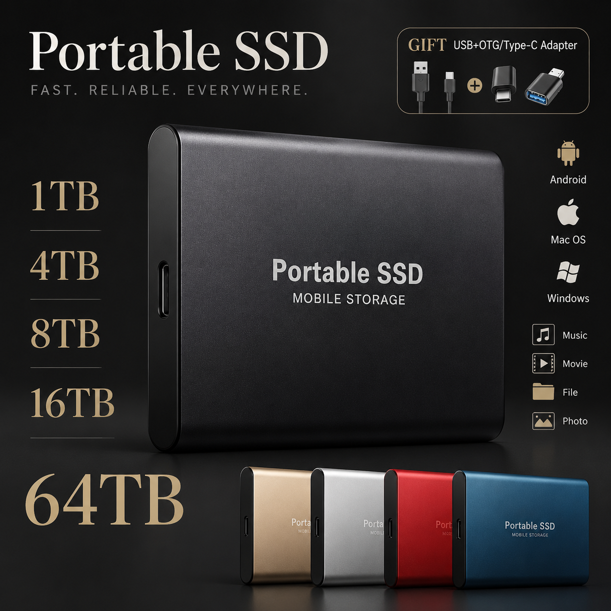 Premium External SSD Portable USB 3.1 High Speed Solid State Drive Compact Storage Device Fast Data Transfer Backup Solution Laptop PC Compatible