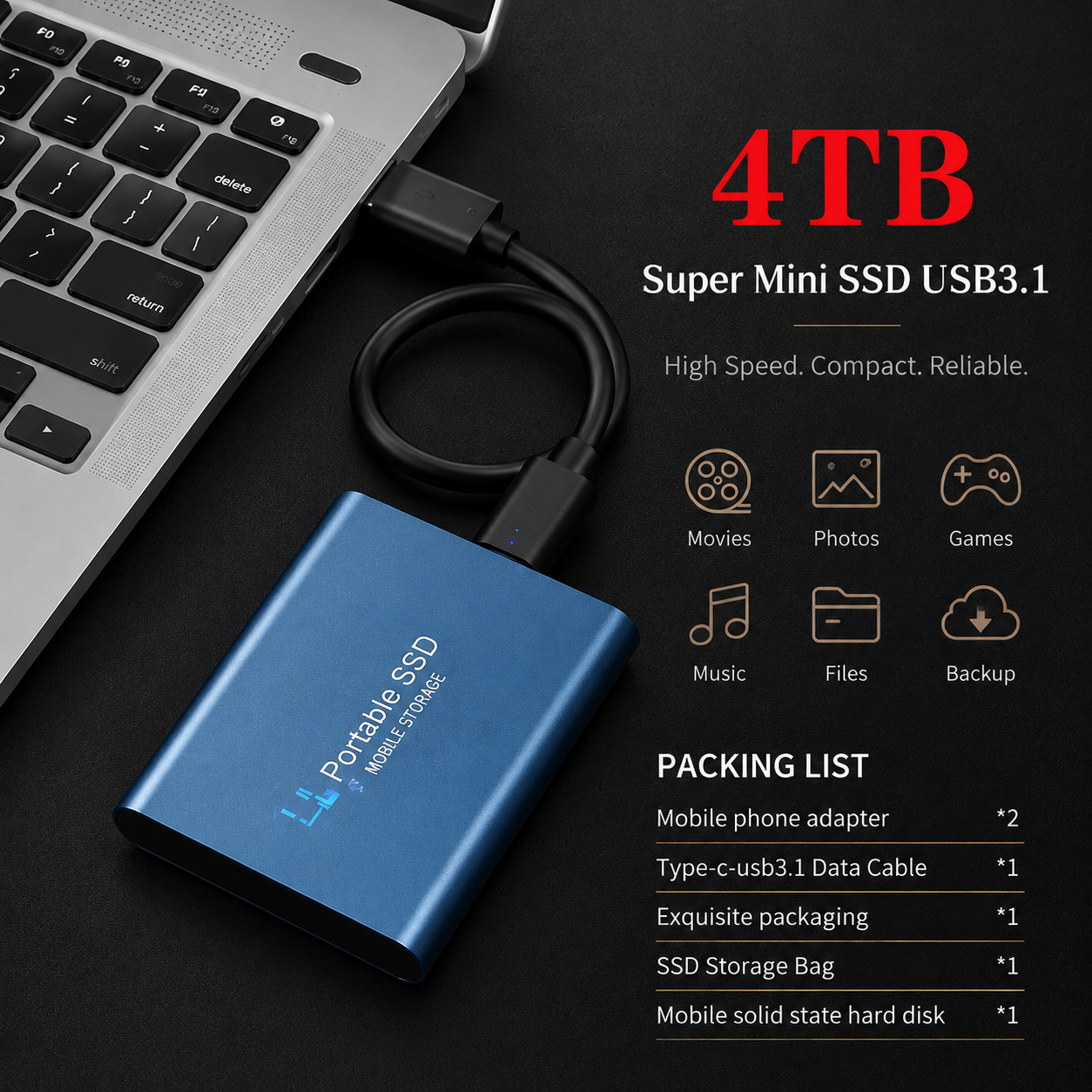 Premium External SSD Portable USB 3.1 High Speed Solid State Drive Compact Storage Device Fast Data Transfer Backup Solution Laptop PC Compatible