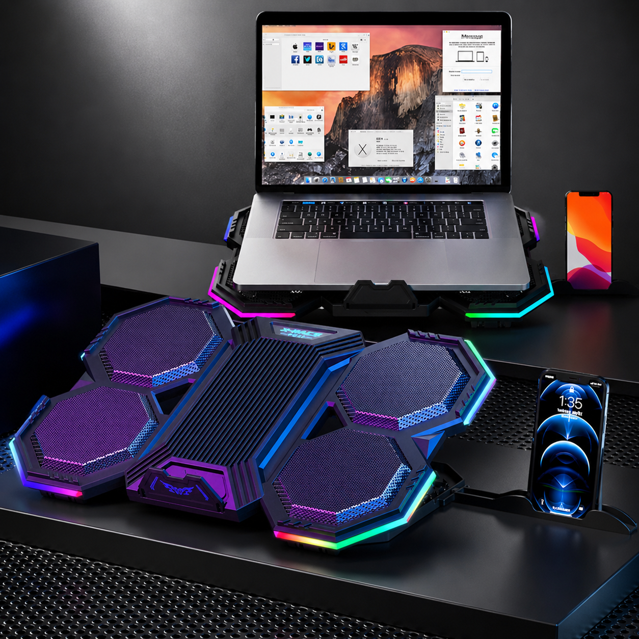 Premium Laptop Cooling Pad RGB 6 Fan Adjustable Stand Gaming Notebook Cooler Ergonomic Heat Dissipation High Airflow Performance Portable Desktop