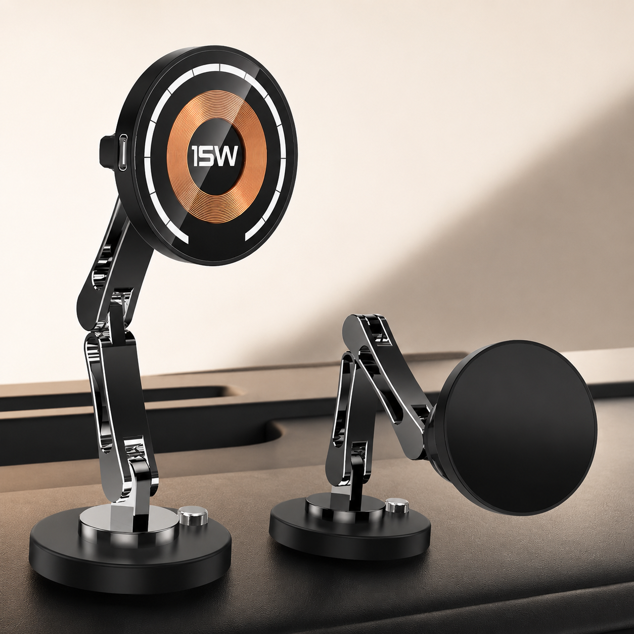 Premium Magnetic Car Charger Stand 15W Wireless Charging Mount 360 Rotation Foldable Metal Holder Fast Power Delivery Secure Dashboard Design