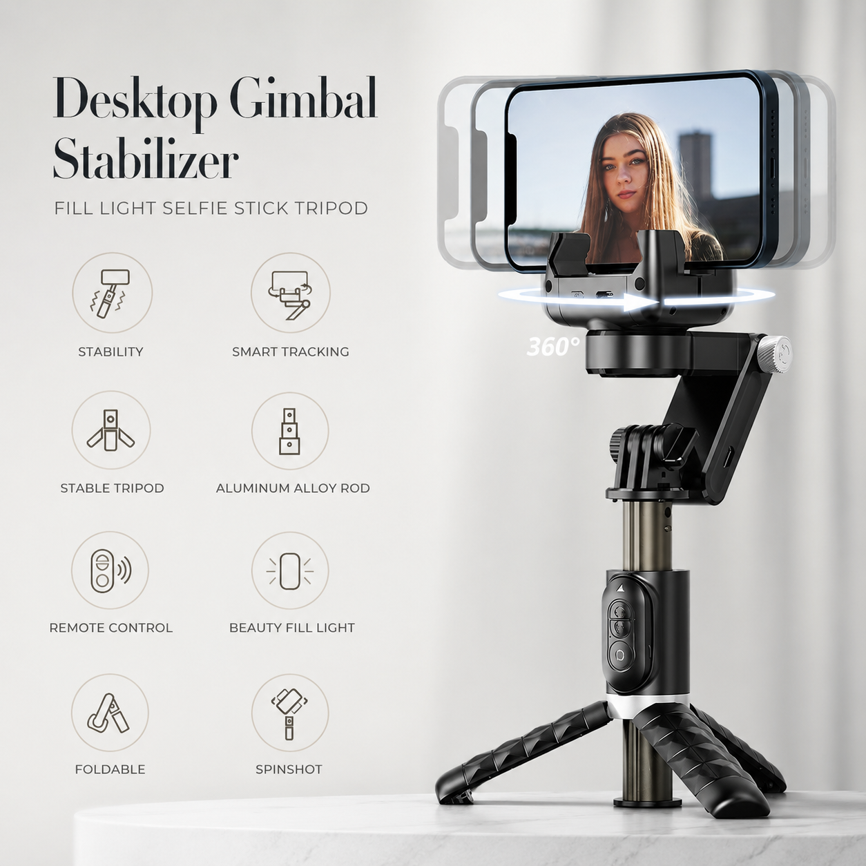 Premium Phone Gimbal Stabilizer 360 Rotation Selfie Stick Tripod Bluetooth Remote Smartphone Video Stabilizer Foldable Vlogging Photography Tool