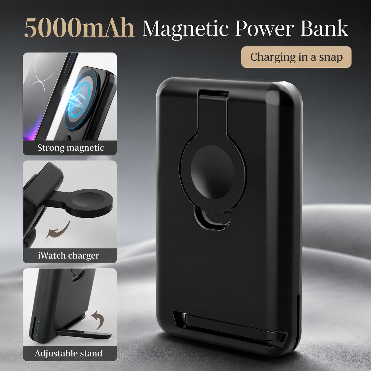 Premium Power Bank 5000mAh MagSafe Compatible 3 in 1 Wireless Charger Portable Magnetic Battery Fast Charging Smartphone Watch Earbuds Dock Station
