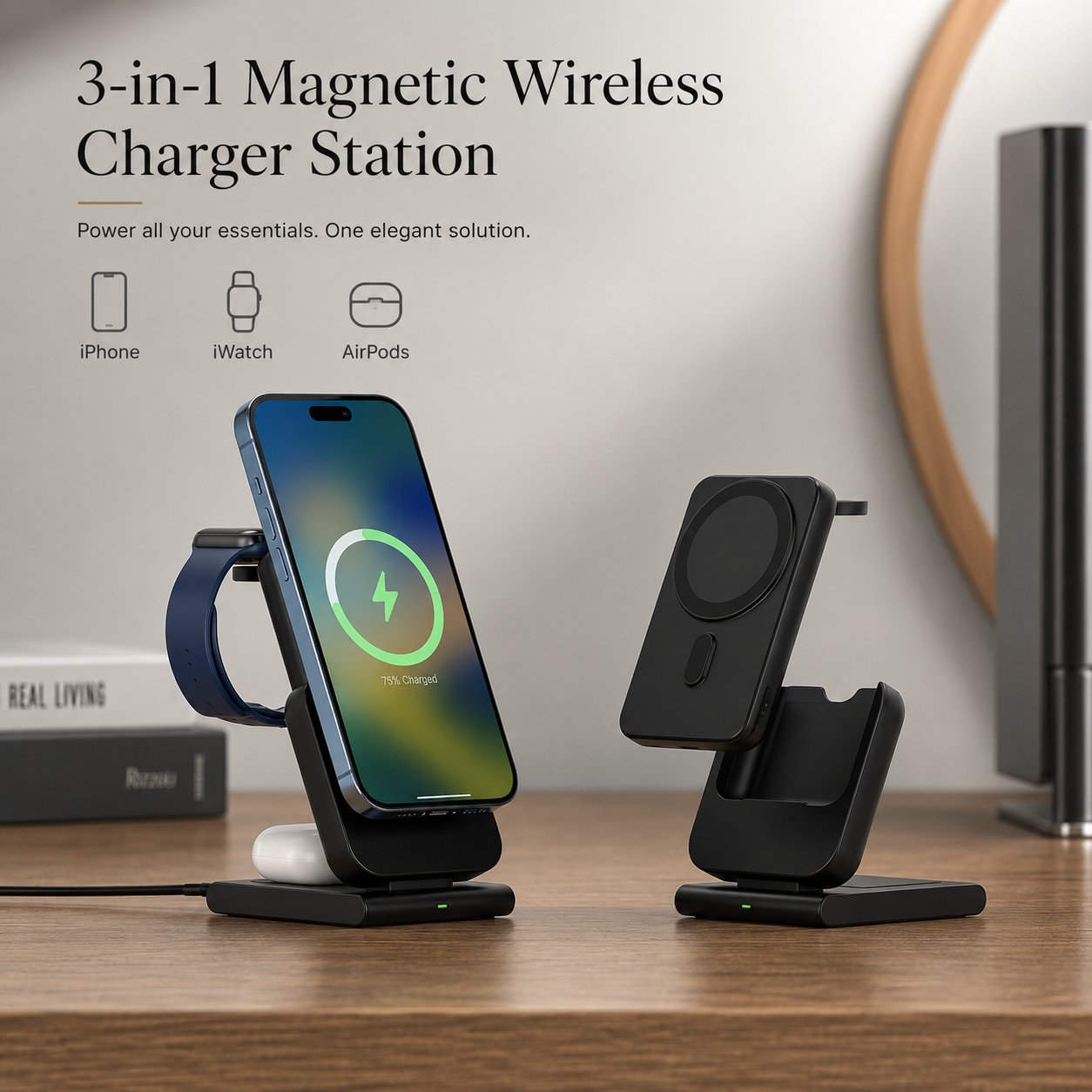 Premium Power Bank 5000mAh MagSafe Compatible 3 in 1 Wireless Charger Portable Magnetic Battery Fast Charging Smartphone Watch Earbuds Dock Station