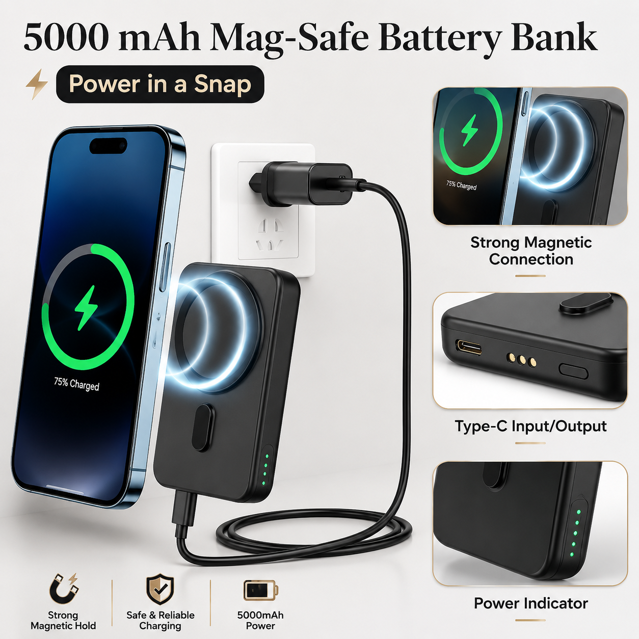 Premium Power Bank 5000mAh MagSafe Compatible 3 in 1 Wireless Charger Portable Magnetic Battery Fast Charging Smartphone Watch Earbuds Dock Station