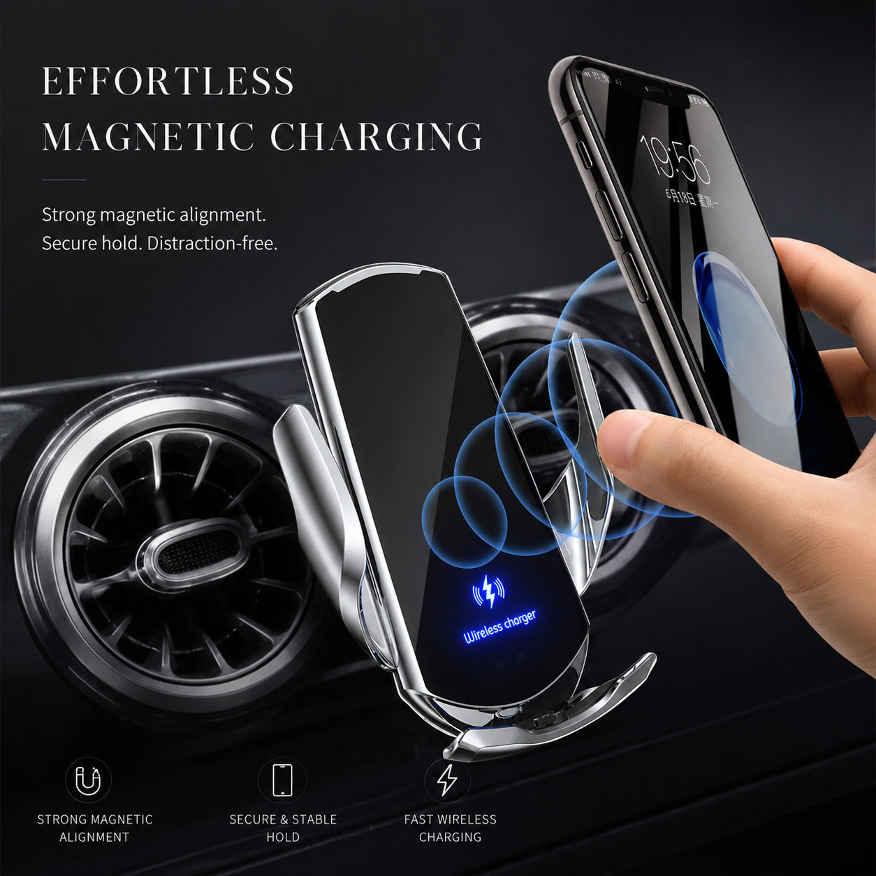 Premium Wireless Car Charger 30W Fast Charging Magnetic Phone Mount Infrared Auto Clamp USB-C LED Display Smart Vent Holder Hands Free Charging